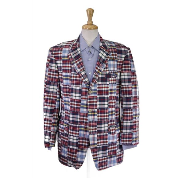 Etienne Aigner Men's Patchwork Madras Red Blue Plaid Cotton Blazer Large 44R - Picture 1 of 9